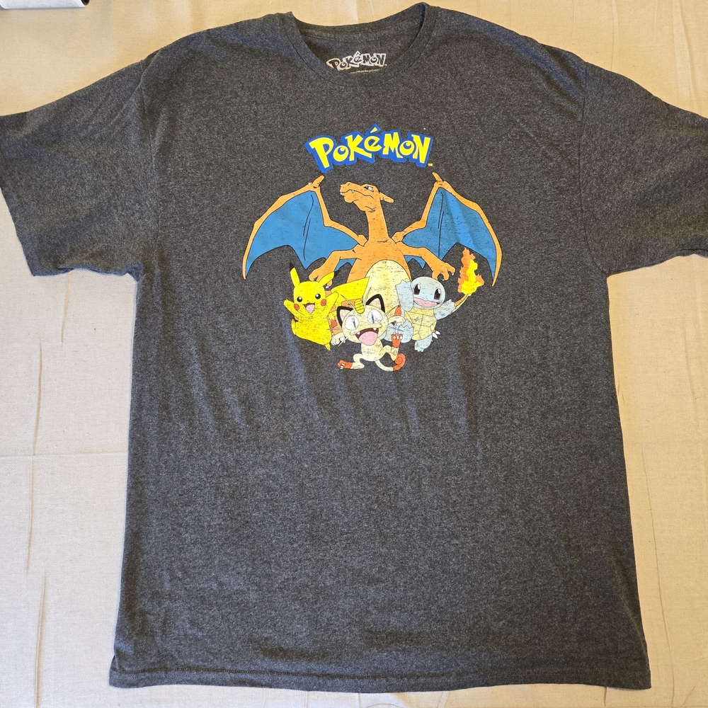 Pokemon Graphic T-Shirt 2XL Charcoal Gray Pikachu Charizard Squirtle